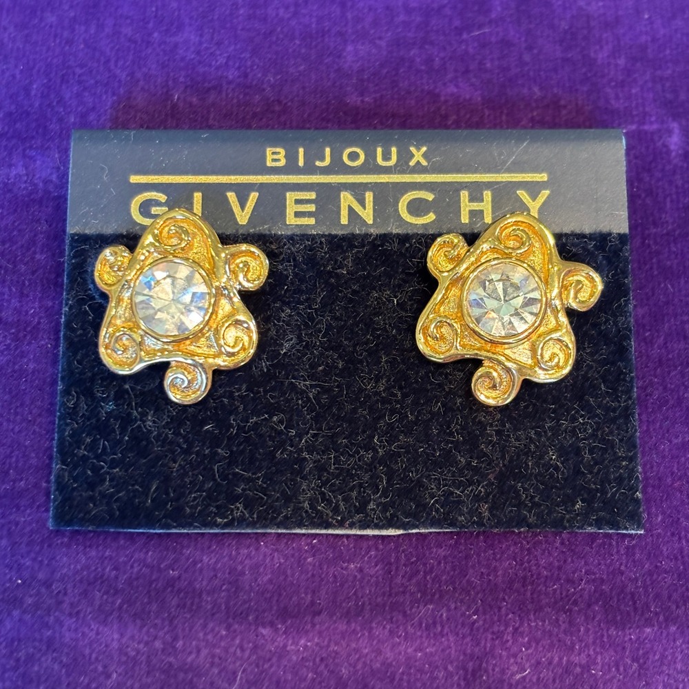 Givenchy Bijoux Vintage Gold Swirl Crystal Stud Earrings New